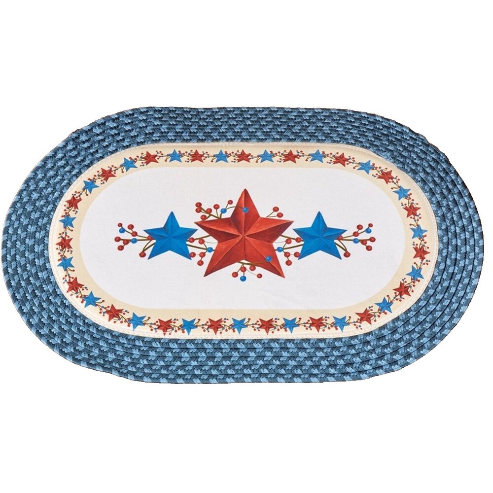Oval Braided RUG (20"x30") PATRIOTIC, PRIMITIVE RED & BLUE STARS & BERRIES, CE